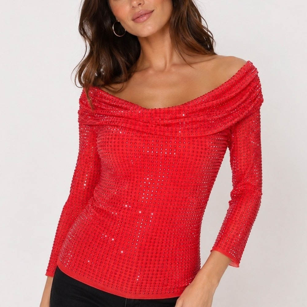 Boston Proper Coral Hot Pink Rhinestone Off Shoulder Mesh Top Stretch Glam Med